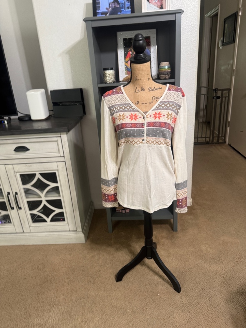 Maurices Cream Long-Sleeve Henley with Red and Gray Fair Isle Accents size L